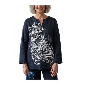 Jones New York Signature Black Linen Floral Paisley Split Neck Tunic Blouse M